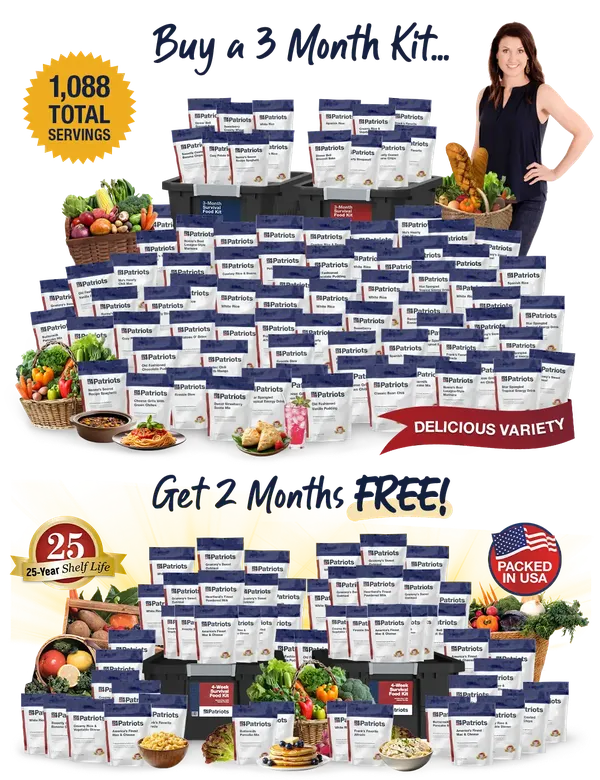 Complete 3-Month Deluxe Survival Food Kit plus 2 FREE 4-Week Kits — all the food and bonuses you receive