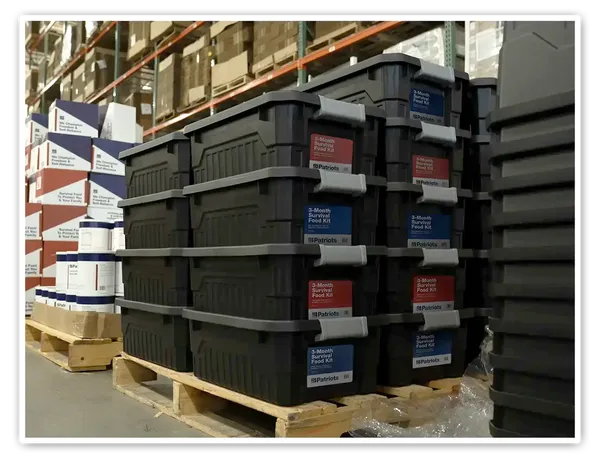 4Patriots warehouse with survival food totes stacked floor to ceiling